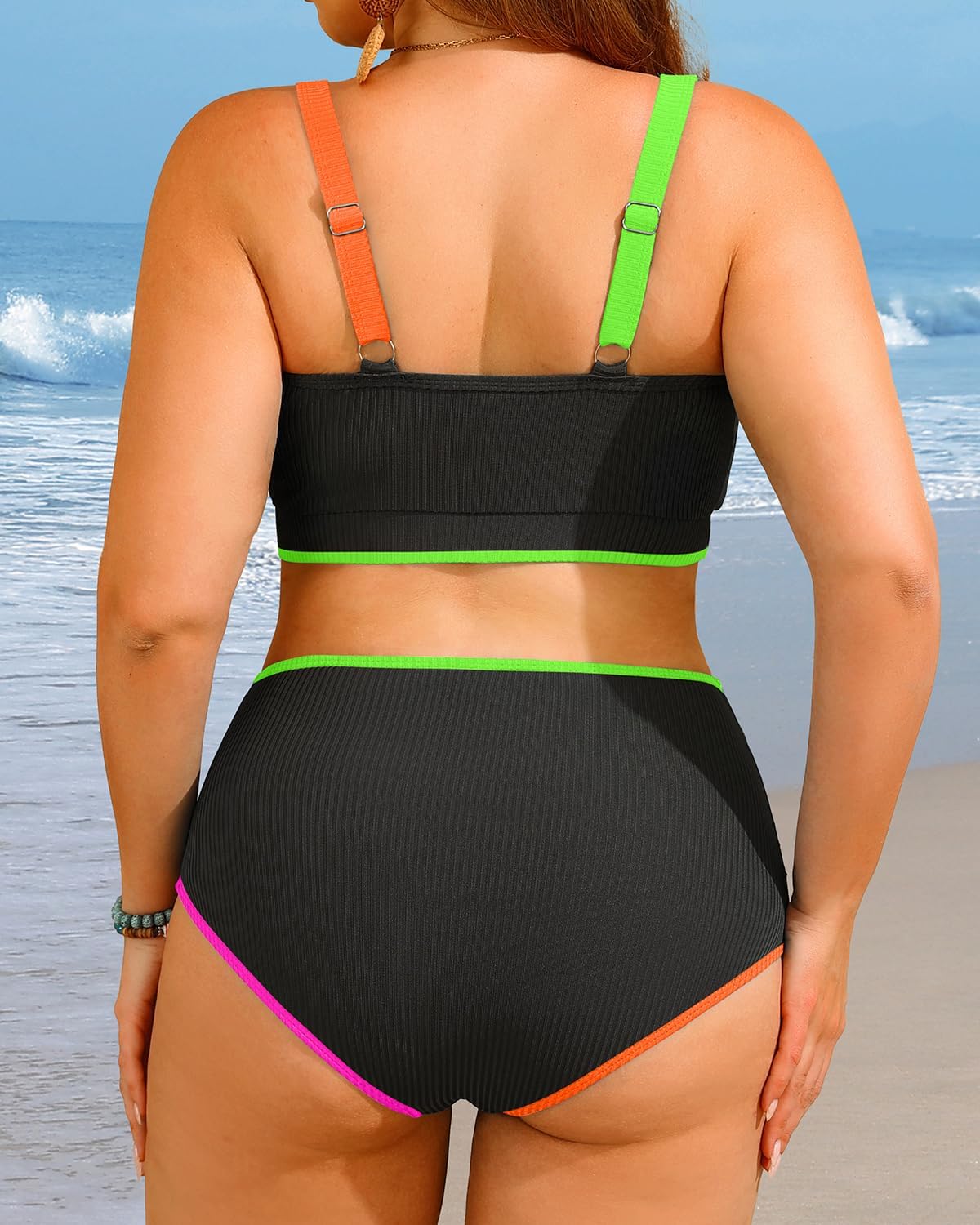 Yonique Women Plus Size High Waisted Bikini - Ribbed Two Piece Swimsuit Tummy Control Bathing Suit V-Wired 2026 Swimwear 18 Plus Colorful Black