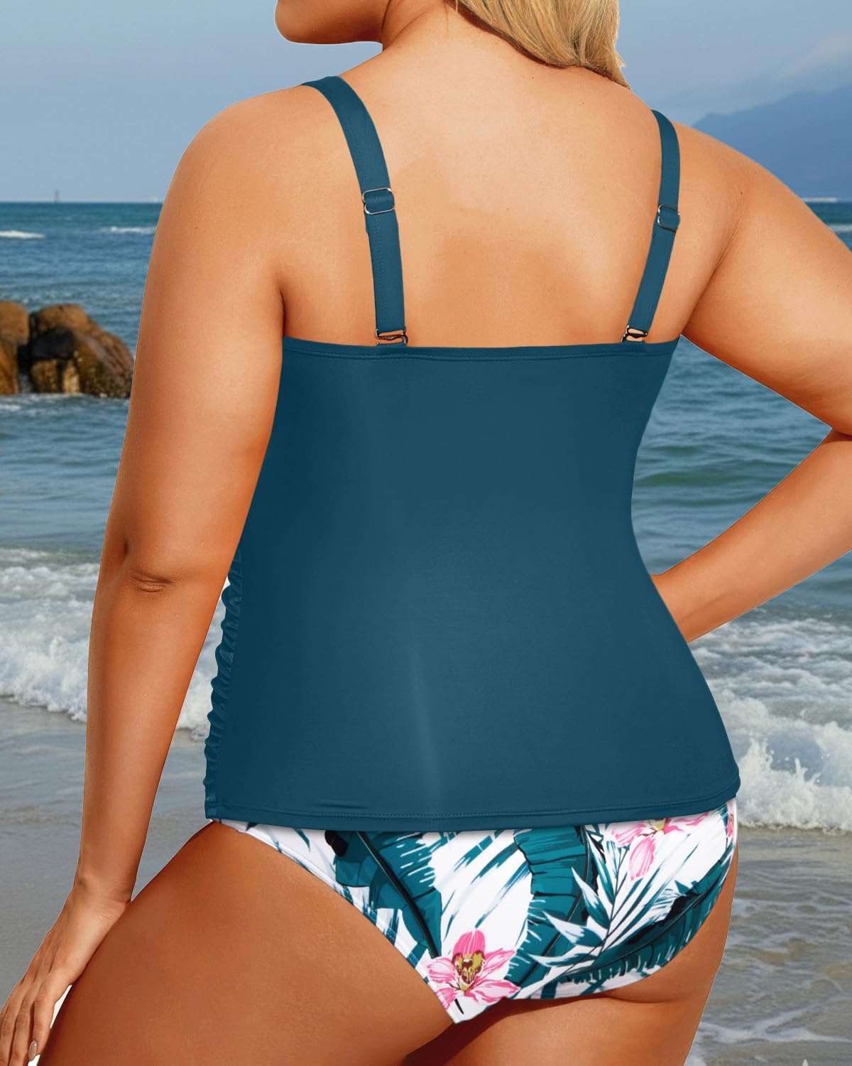 Aqua Eve Women Two Piece Plus Size Tankini Strapless Bathing Suits Bandeau Swimsuits with High Waisted Bottom 18 Plus Teal Flower